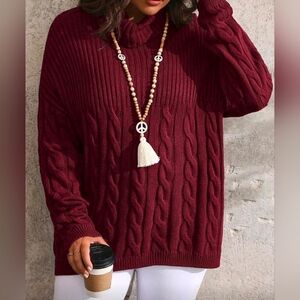 New Mixed Ribbed Cable Knit Turtleneck Sweater Top Burgundy Red